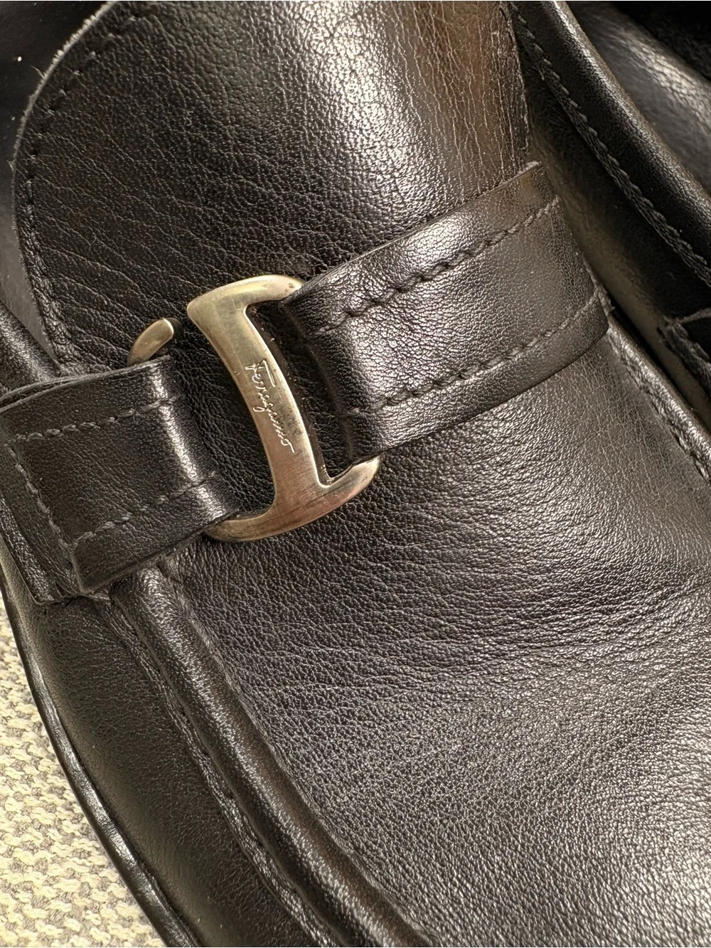 SALVATORE FERRAGAMO Men's Black Leather Slip-On Loafers with Buckle Detail